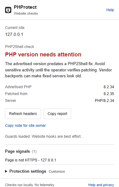 PHProtect popup showing a PHP version warning, version evidence, page signals and protection settings
